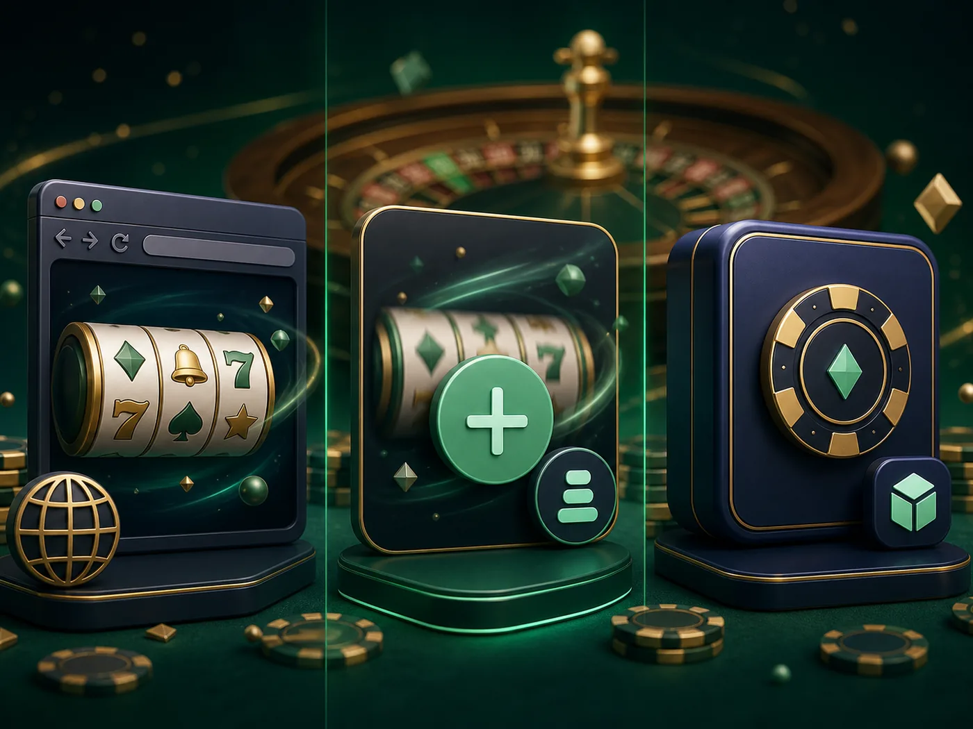 Diferenças ilustrativas entre site móvel, PWA e aplicativo de cassino